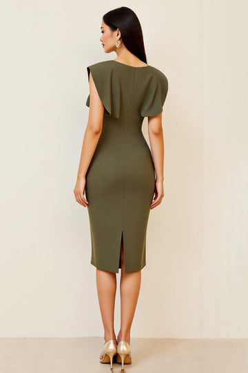 Olive Satin Midi V Neck Ruched Bodycon Formal Dress