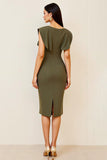 Olive Satin Midi V Neck Ruched Bodycon Formal Dress