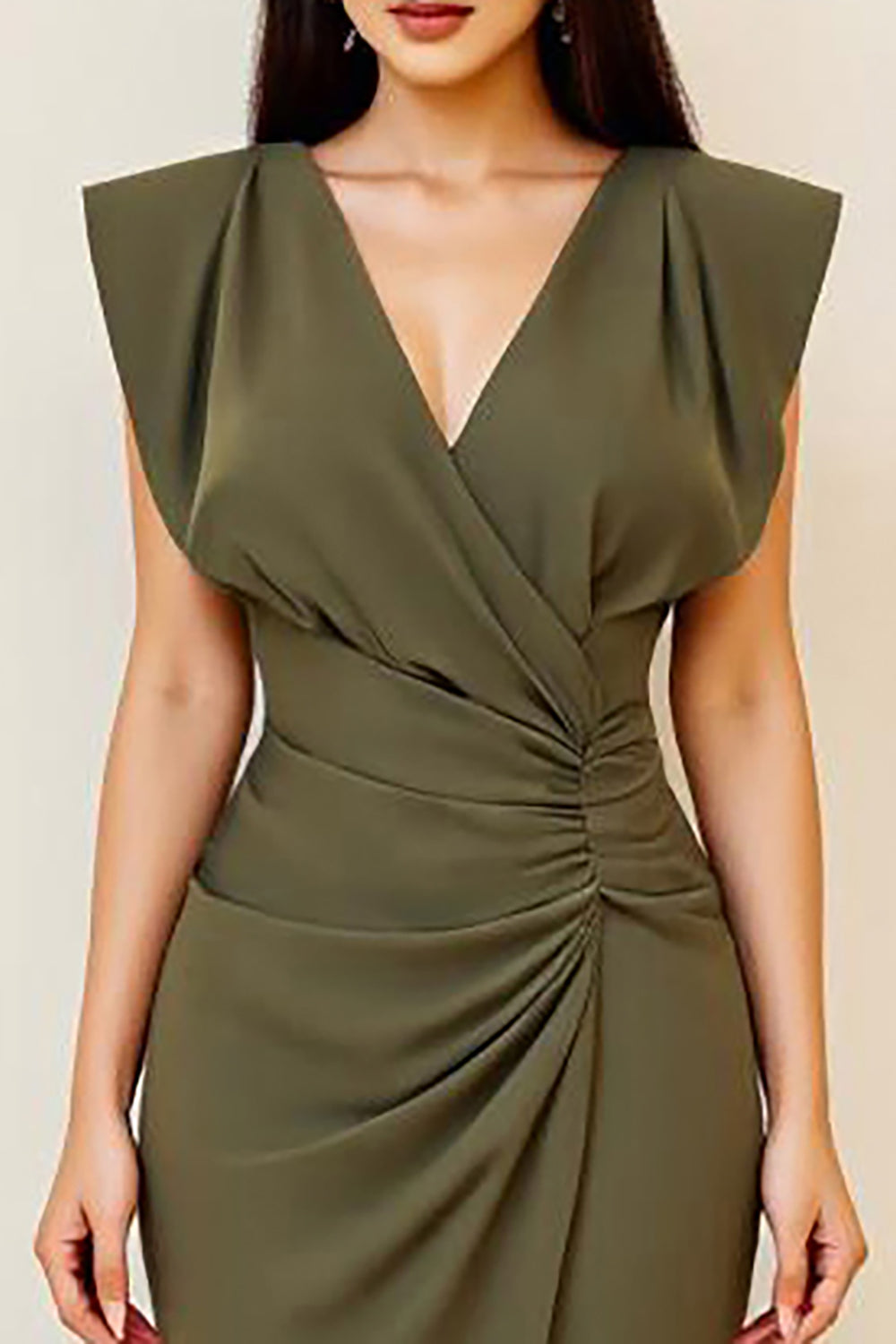 Olive Satin Midi V Neck Ruched Bodycon Formal Dress