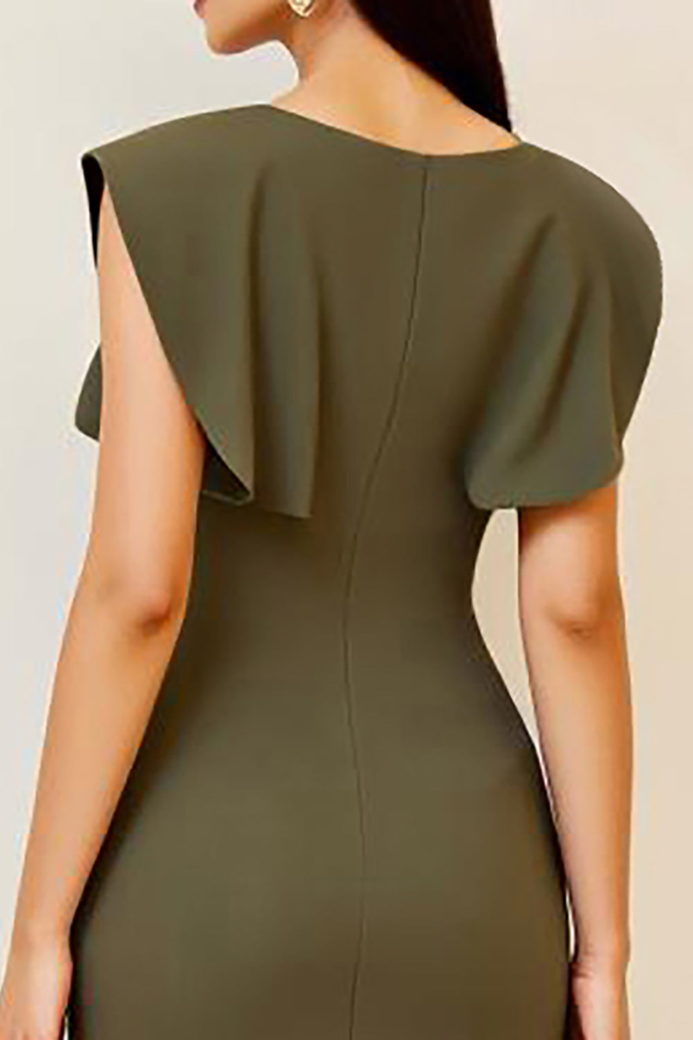 Olive Satin Midi V Neck Ruched Bodycon Formal Dress