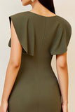Olive Satin Midi V Neck Ruched Bodycon Formal Dress
