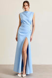 Black Satin Boat Neck Long Sheath Formal Dress with Slit