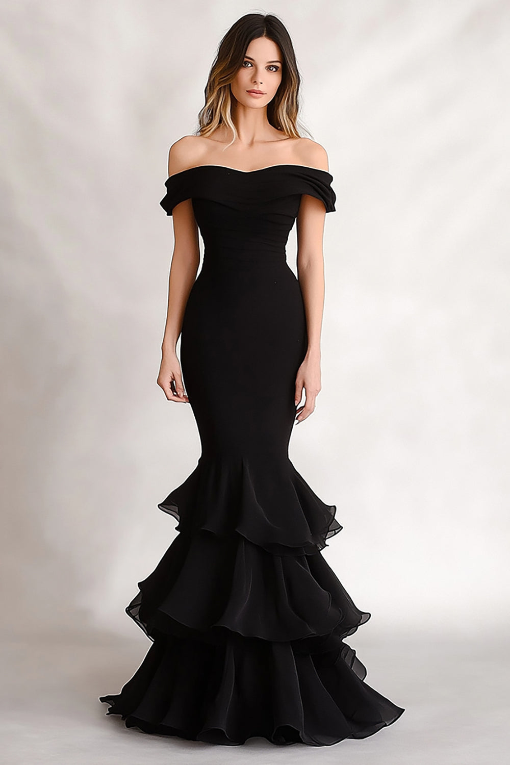 Black Satin Off the Shoulder Mermaid Tiered Long Formal Dress
