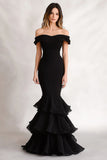Black Satin Off the Shoulder Mermaid Tiered Long Formal Dress