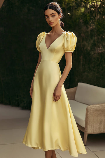 Yellow Satin A Line V-Neck Long Formal Dress with Puff Sleeves