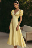 Yellow Satin A Line V-Neck Long Formal Dress with Puff Sleeves