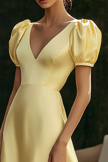 Yellow Satin A Line V-Neck Long Formal Dress with Puff Sleeves