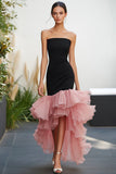 Black Pink Satin Strapless Ruffled Bodycon High-Low Cocktail Dress