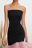 Black Pink Satin Strapless Ruffled Bodycon High-Low Cocktail Dress