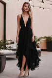 Black Chiffon Deep V-Neck Long A Line Ruffled Formal Dress