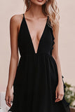 Black Chiffon Deep V-Neck Long A Line Ruffled Formal Dress