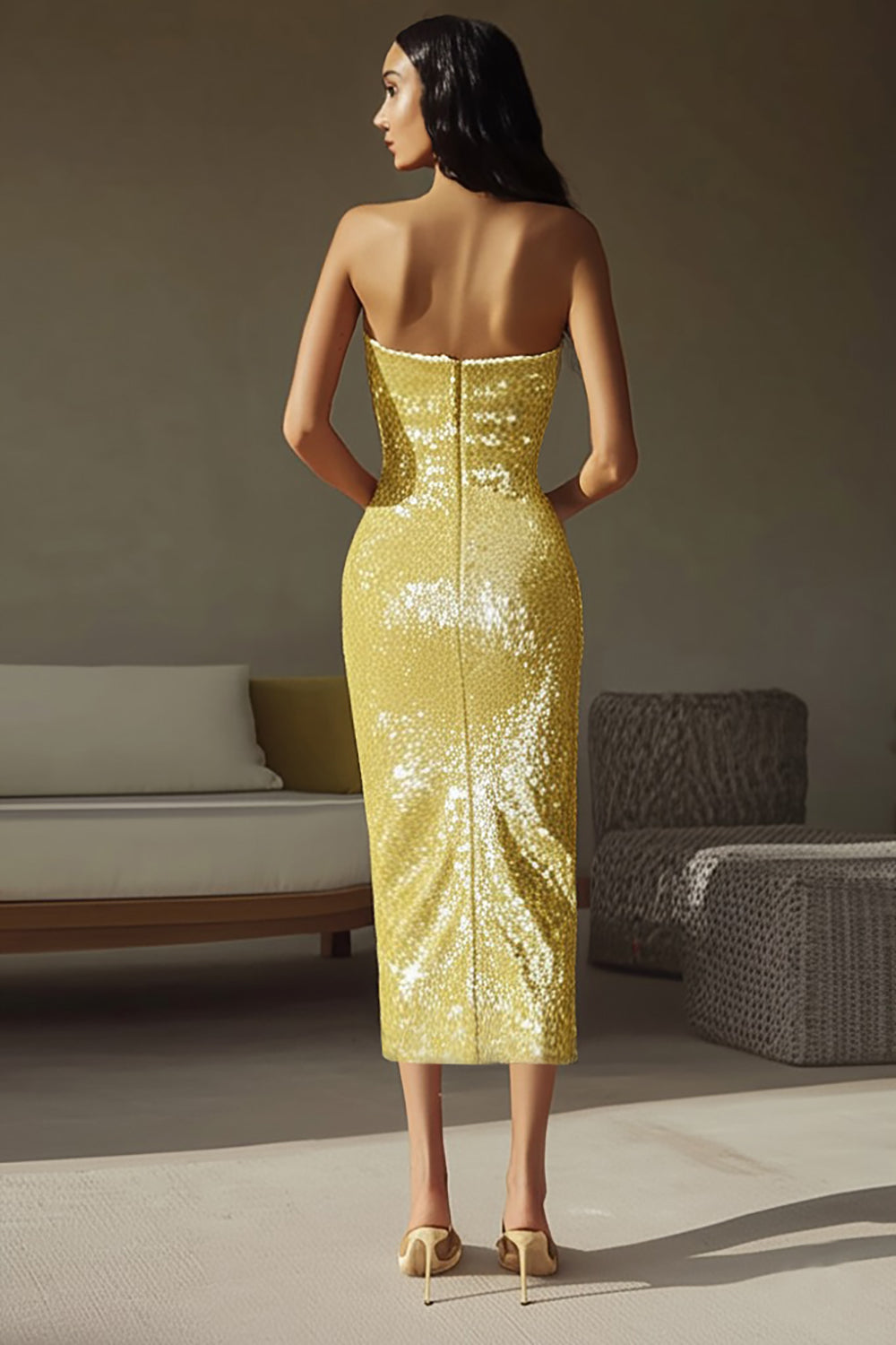 Sparkly Yellow Sequins Strapless Sheath Long Formal Dress