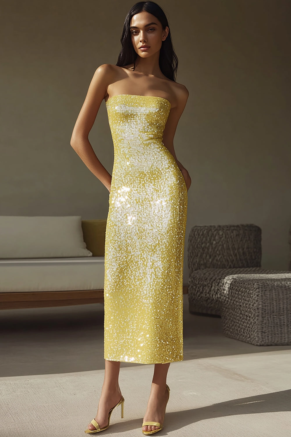 Sparkly Yellow Sequins Strapless Sheath Long Formal Dress