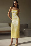 Sparkly Yellow Sequins Strapless Sheath Long Formal Dress