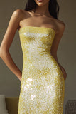 Sparkly Yellow Sequins Strapless Sheath Long Formal Dress