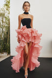 Black Pink Chiffon Strapless A Line Ruffled High-Low Cocktail Dress
