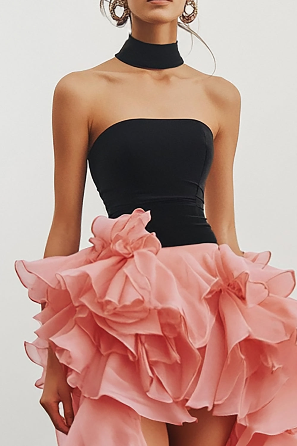 Black Pink Chiffon Strapless A Line Ruffled High-Low Cocktail Dress