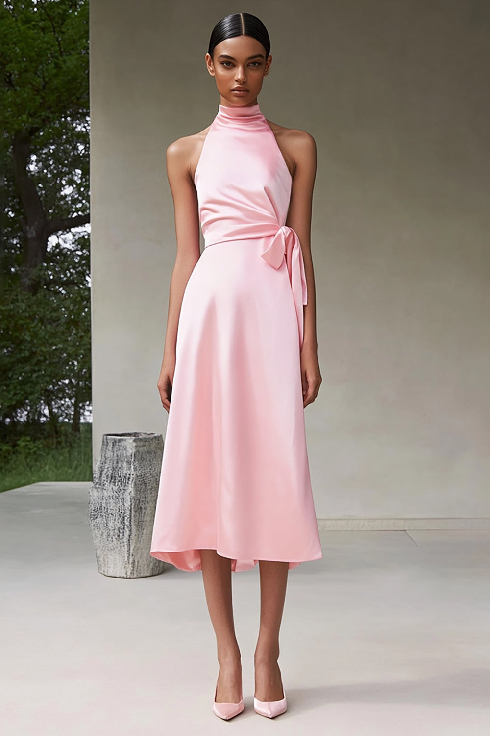Pink Satin A Line High Neck Sleeveless Midi Formal Dress