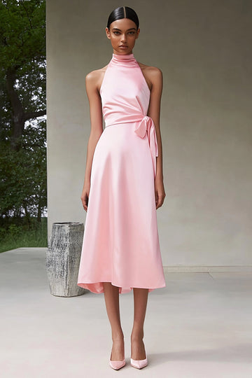 Pink Satin A Line High Neck Sleeveless Midi Formal Dress
