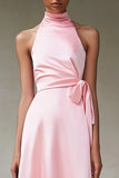 Pink Satin A Line High Neck Sleeveless Midi Formal Dress