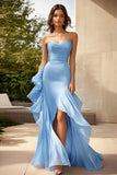 Sky Blue Chiffon Sweetheart Ruffled Long Formal Dress with Slit