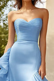 Sky Blue Chiffon Sweetheart Ruffled Long Formal Dress with Slit