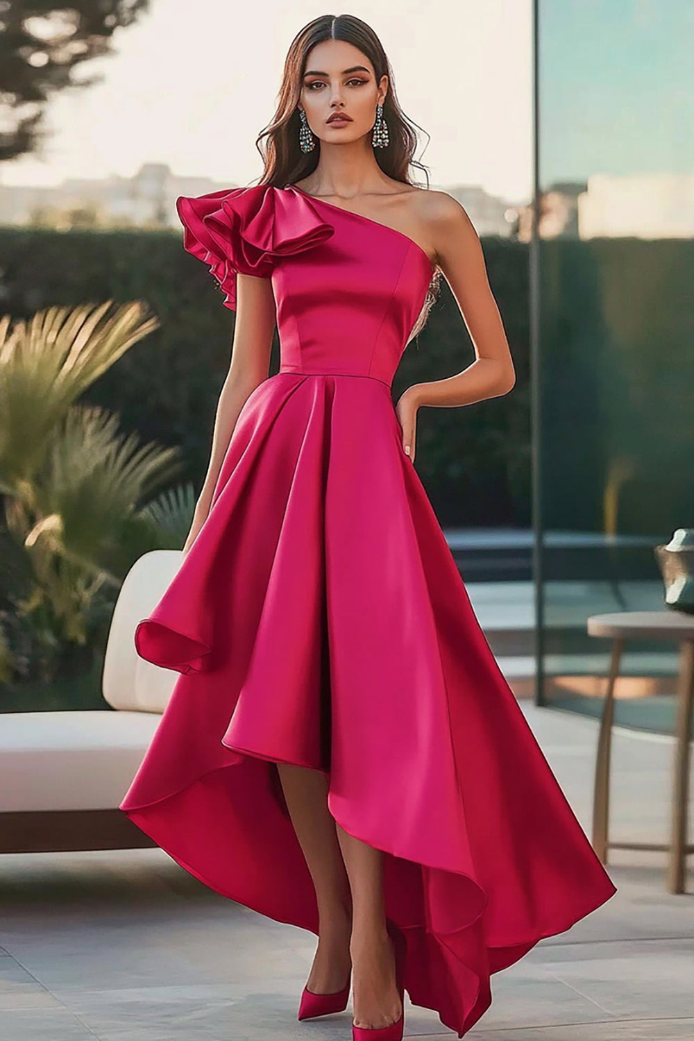 Fuchsia Satin One Shoulder High-Low Ruffled A Line Formal Dress