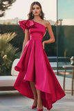 Fuchsia Satin One Shoulder High-Low Ruffled A Line Formal Dress