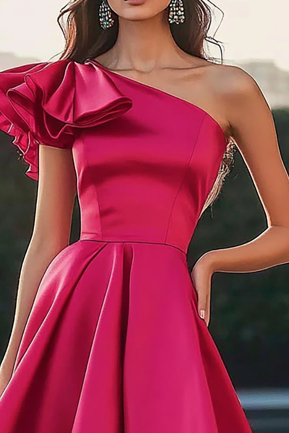 Fuchsia Satin One Shoulder High-Low Ruffled A Line Formal Dress