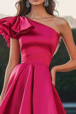 Fuchsia Satin One Shoulder High-Low Ruffled A Line Formal Dress