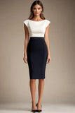 Black and White Satin Bodycon Round Neck Midi Formal Dress