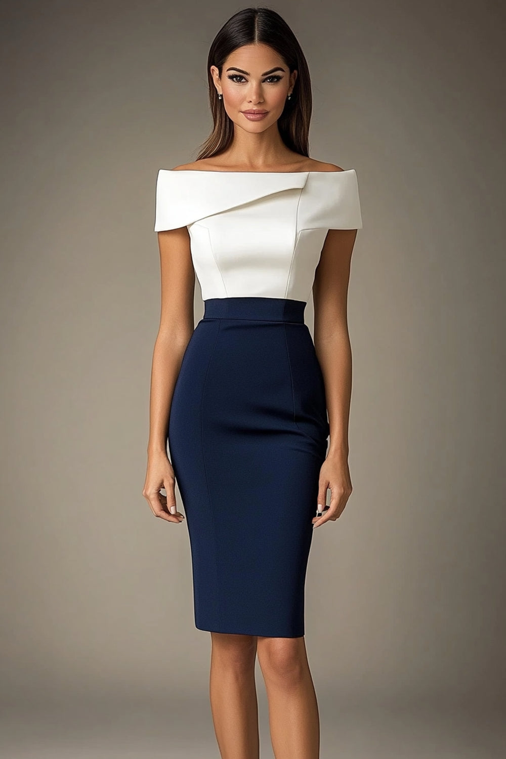 White and Navy Satin Off The Shoulder Bodycon Midi Work Dress