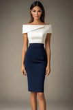White and Navy Satin Off The Shoulder Bodycon Midi Work Dress