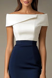 White and Navy Satin Off The Shoulder Bodycon Midi Work Dress