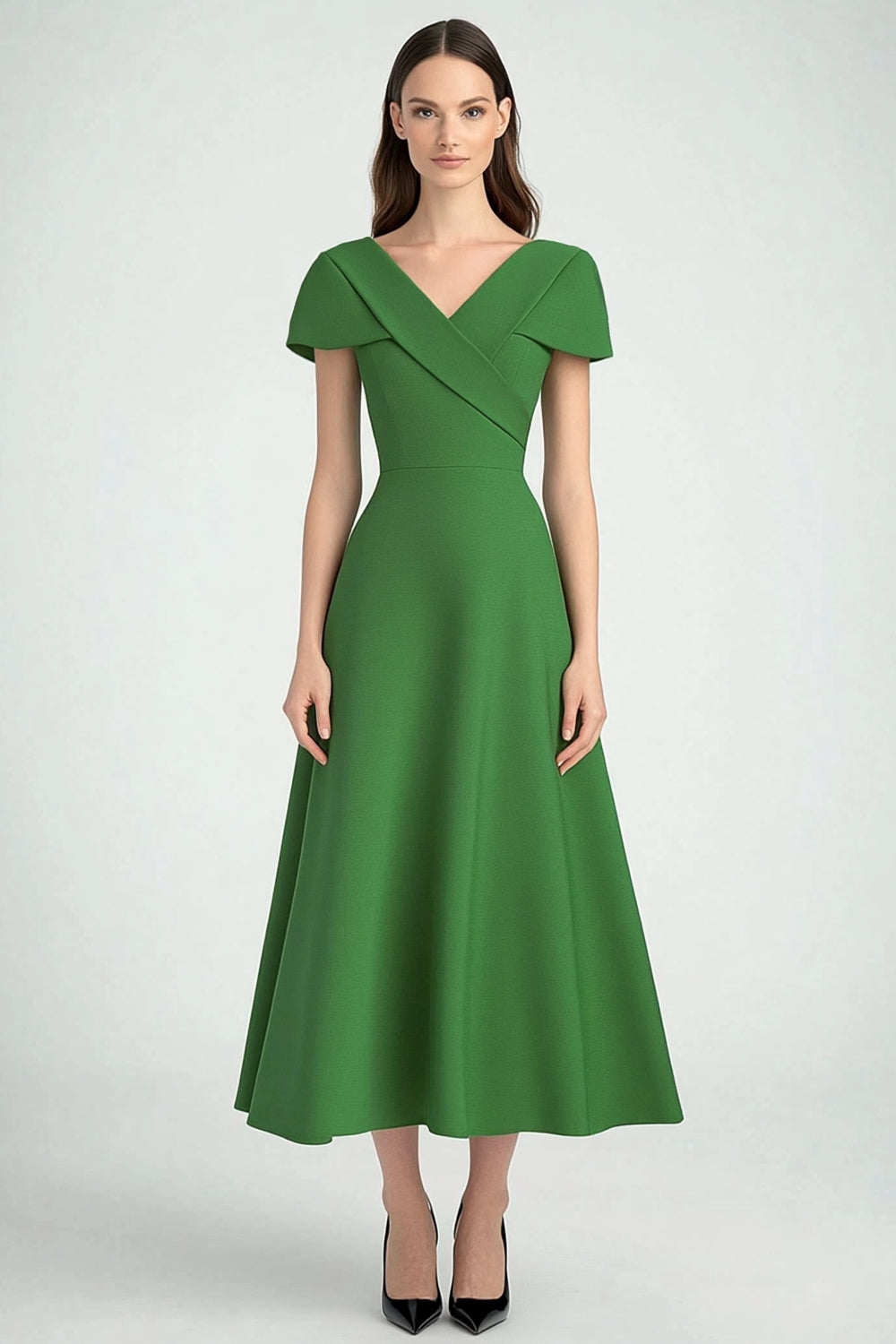 Green V-Neck A Line Formal Dress with Short Sleeves