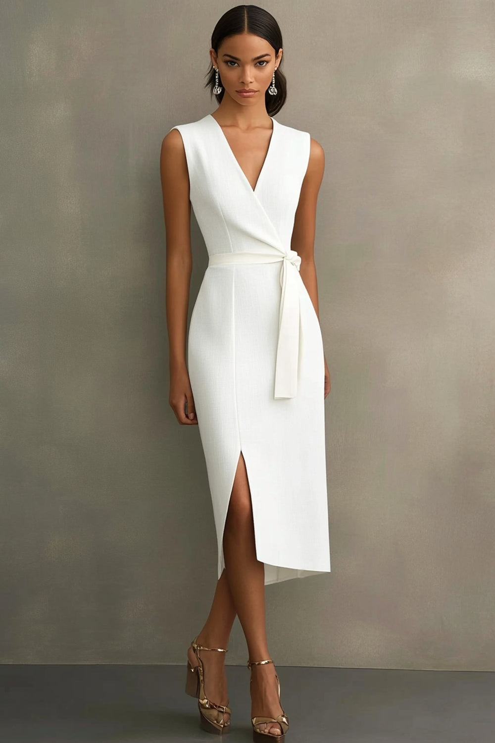 White Satin V-Neck Bodycon Long Formal Dress with Sash