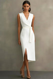White Satin V-Neck Bodycon Long Formal Dress with Sash