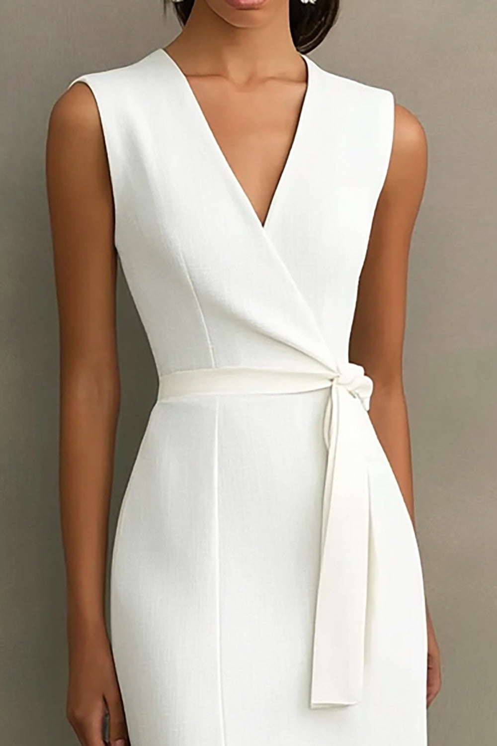 White Satin V-Neck Bodycon Long Formal Dress with Sash