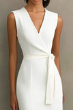 White Satin V-Neck Bodycon Long Formal Dress with Sash