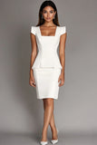 White Satin Square Neck 2 Piece Midi Formal Dress