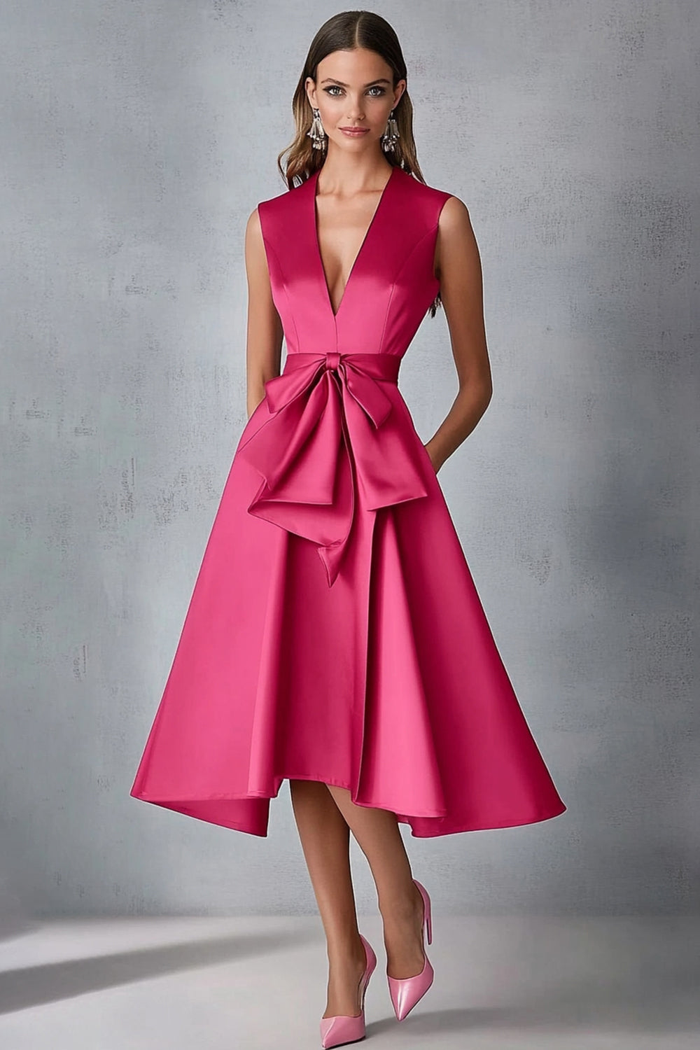 Fuchsia Satin V-Neck A Line Midi Cocktail Dress with Sash