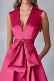 Fuchsia Satin V-Neck A Line Midi Cocktail Dress with Sash