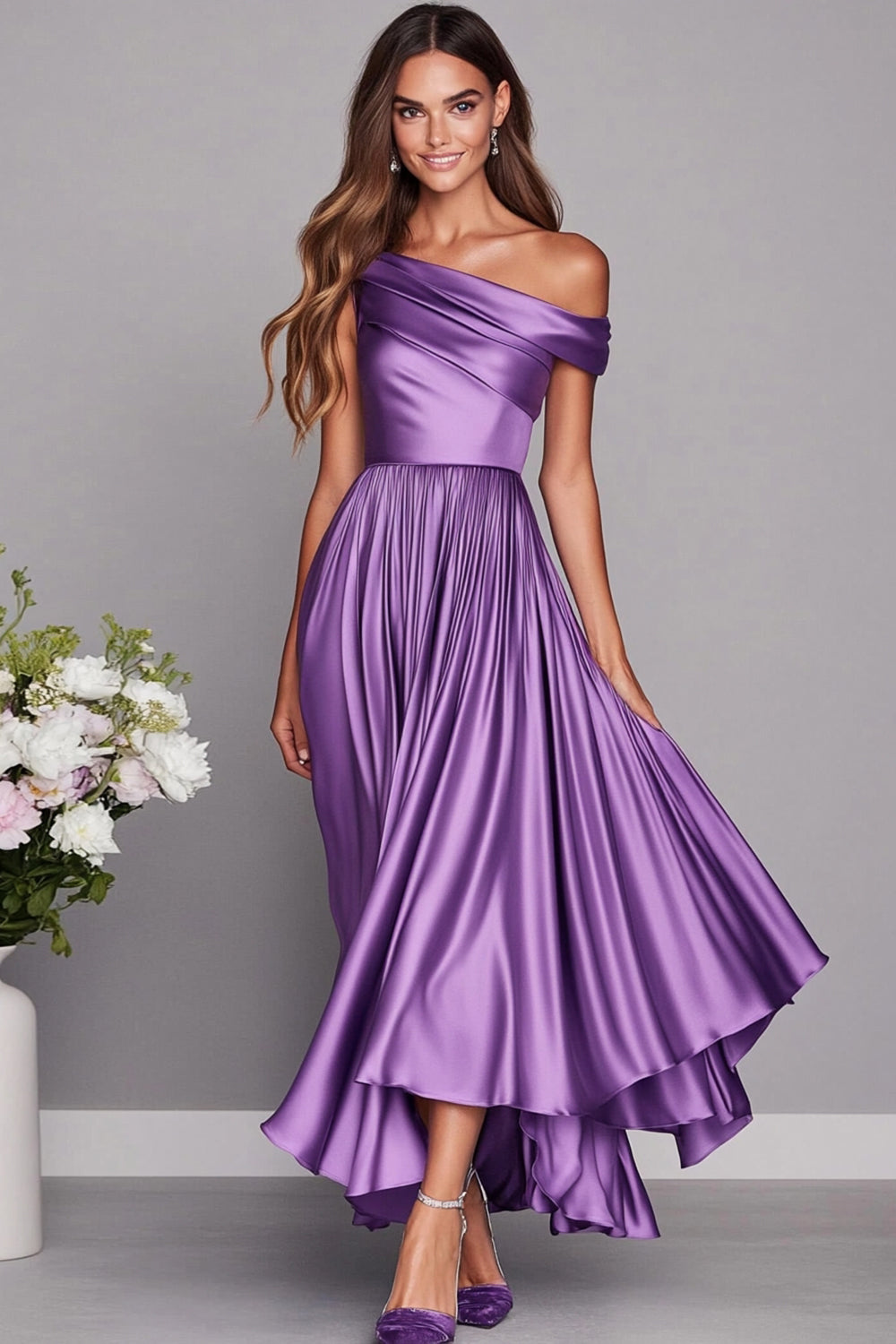 Lilac One Shoulder A Line Satin Long Wedding Guest Dress