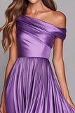 Lilac One Shoulder A Line Satin Long Wedding Guest Dress