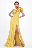 Yellow Satin One Shoulder Ruffled Sheath Long Wedding Guest Dress with Slit