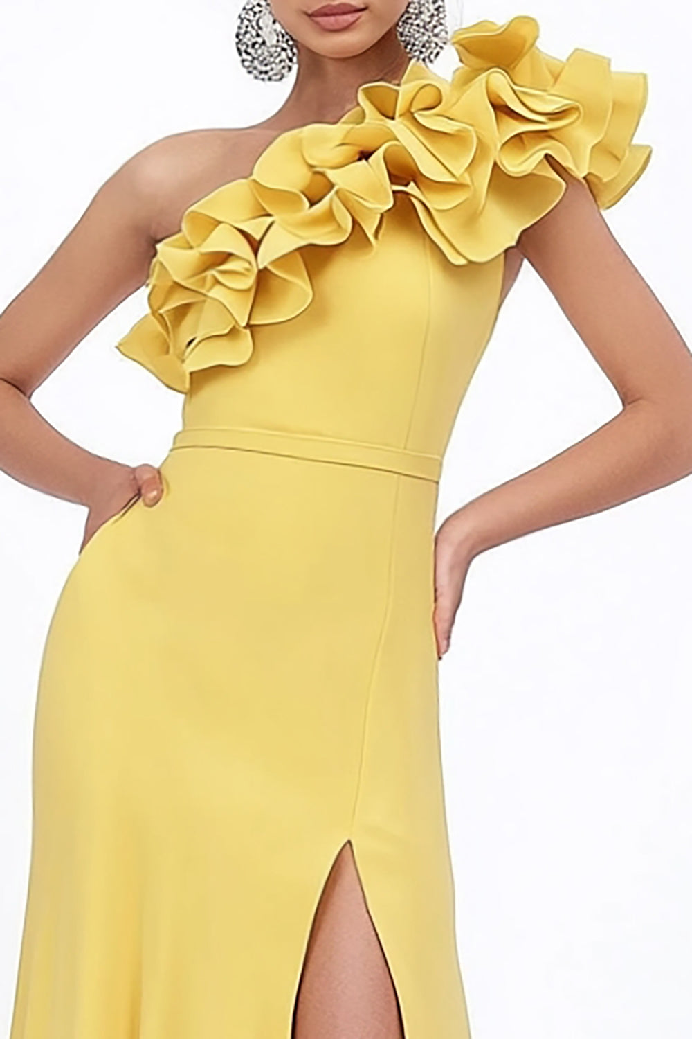 Yellow Satin One Shoulder Ruffled Sheath Long Wedding Guest Dress with Slit