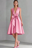 Pink V-Neck Satin A Line Midi Formal Dress with Bow
