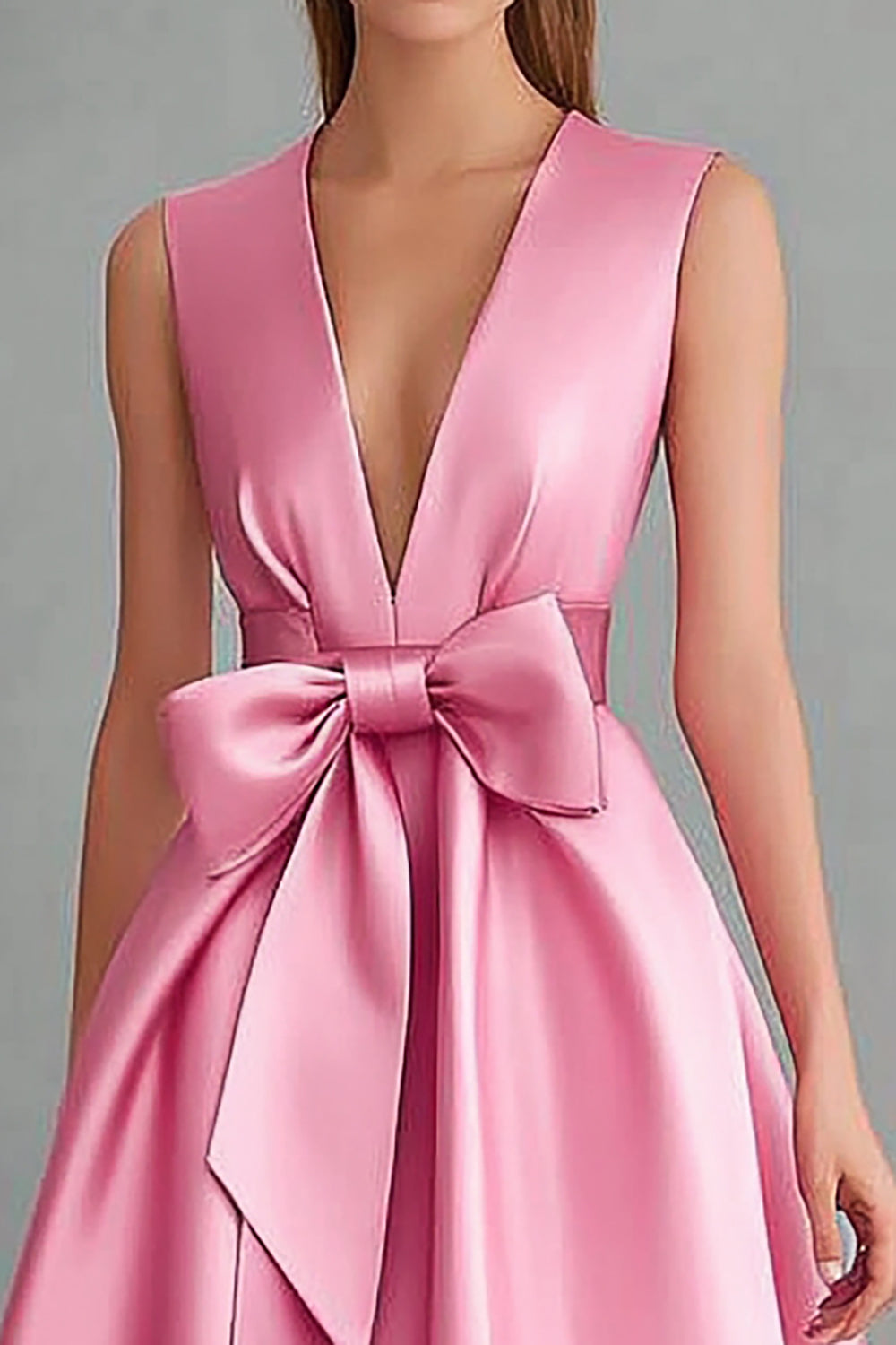 Pink V-Neck Satin A Line Midi Formal Dress with Bow