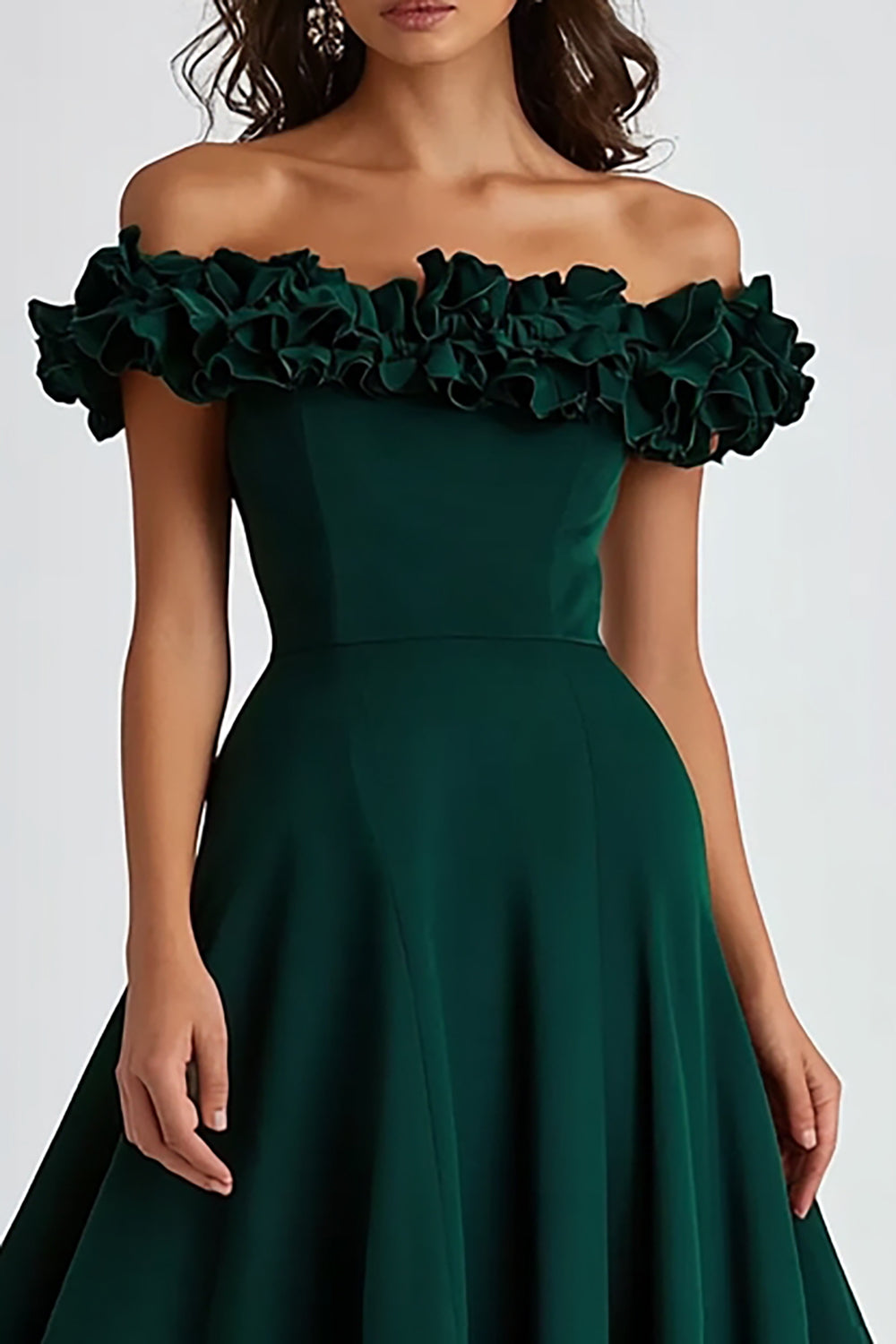 Dark Green Off The Shoulder Satin Ruffled A Line Long Formal Dress