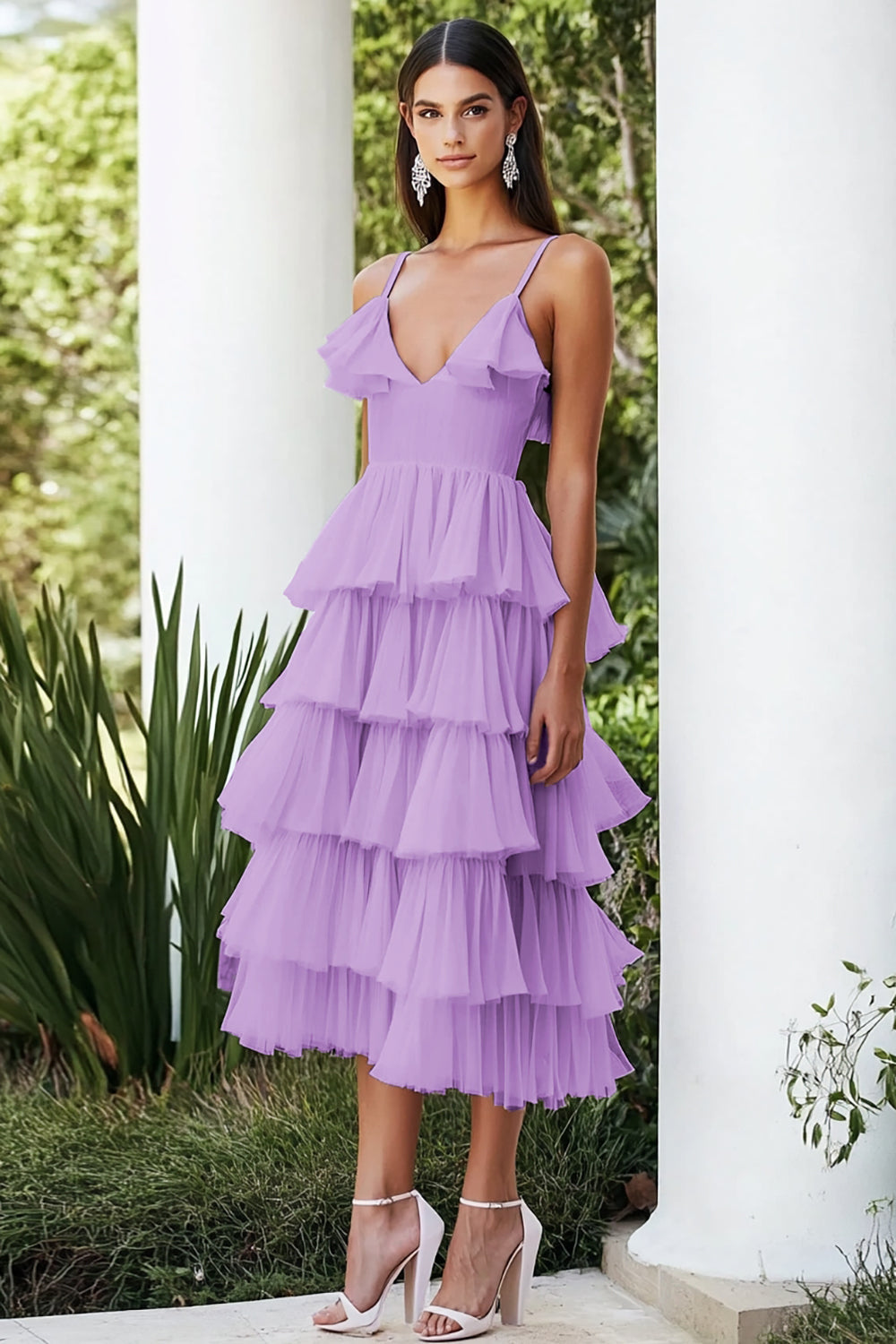 Lilac Spaghetti Straps A Line Tiered Chiffon Long Formal Dress with Ruffles